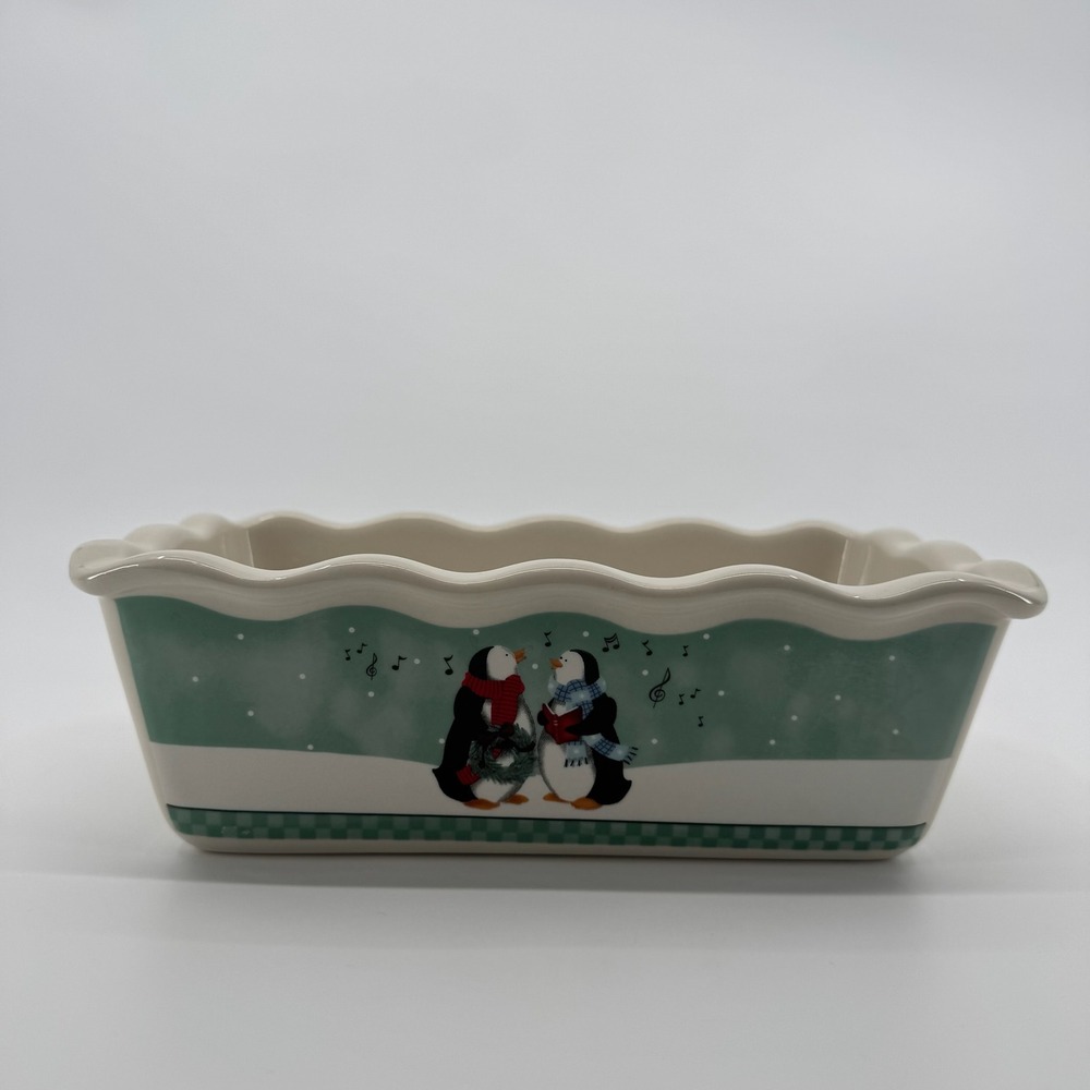 Garden Ridge Caroling Penguin Christmas Loaf Pan Ceramic Baking Dish Holiday